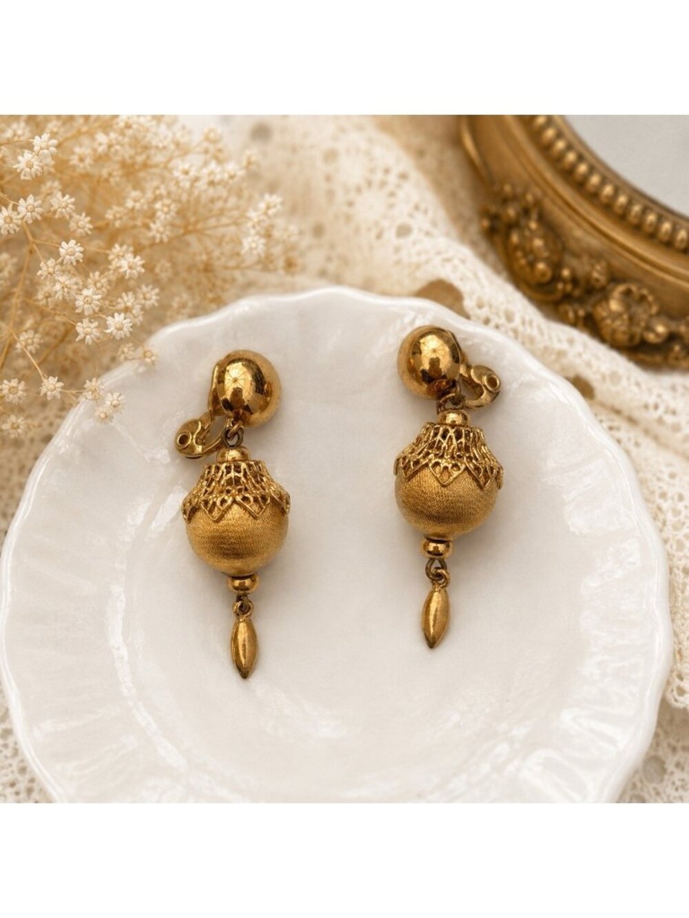 Vintage Monet Goldtone Filigree Ball Drop Clip On Dangle Earrings Signed Ornate